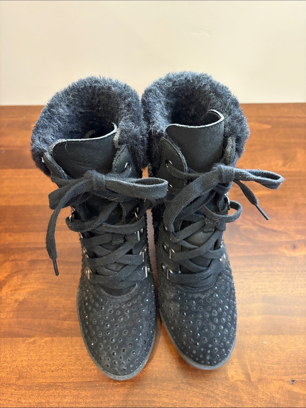 Black Lace-Up Faux Fur Ankle Boots with Stud Detail